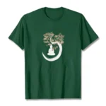 Buddha under the Bodhi tree cotton t-shirt front view flat lay with dark green color and white spiritual print design