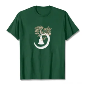 Buddha under the Bodhi tree cotton t-shirt front view flat lay with dark green color and white spiritual print design