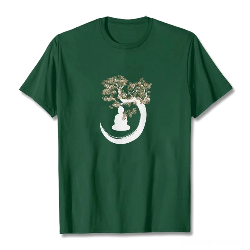 Buddha under the Bodhi tree cotton t-shirt front view flat lay with dark green color and white spiritual print design