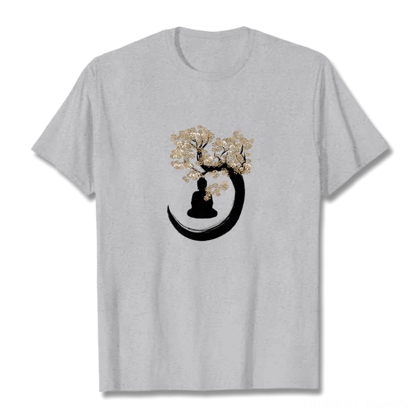 Light pink Buddha under Bodhi tree t-shirt front view with spiritual enlightenment artwork