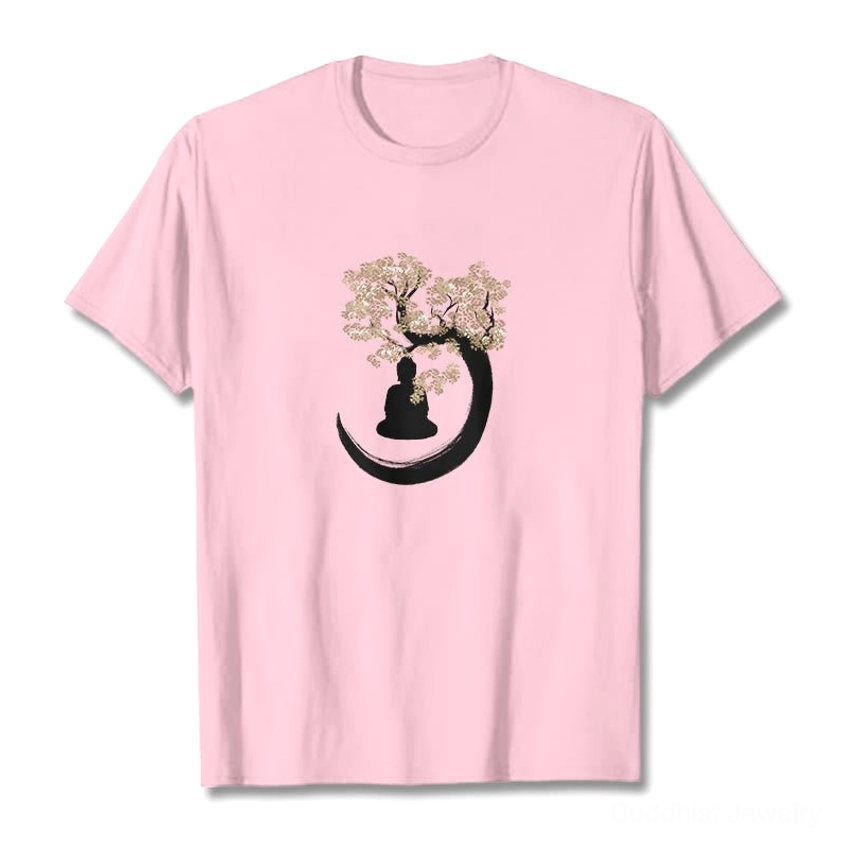 Light pink Buddhist t-shirt featuring Buddha under Bodhi tree with crescent moon spiritual artwork
