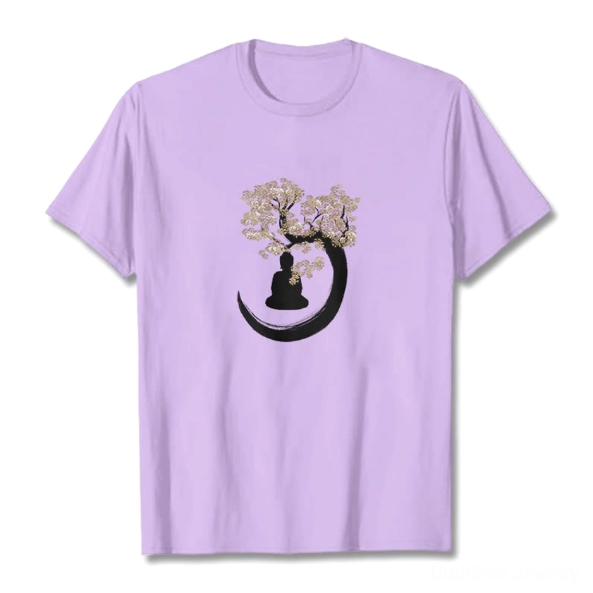 Light purple Buddha under tree cotton t-shirt front view flat lay with black and gold spiritual artwork