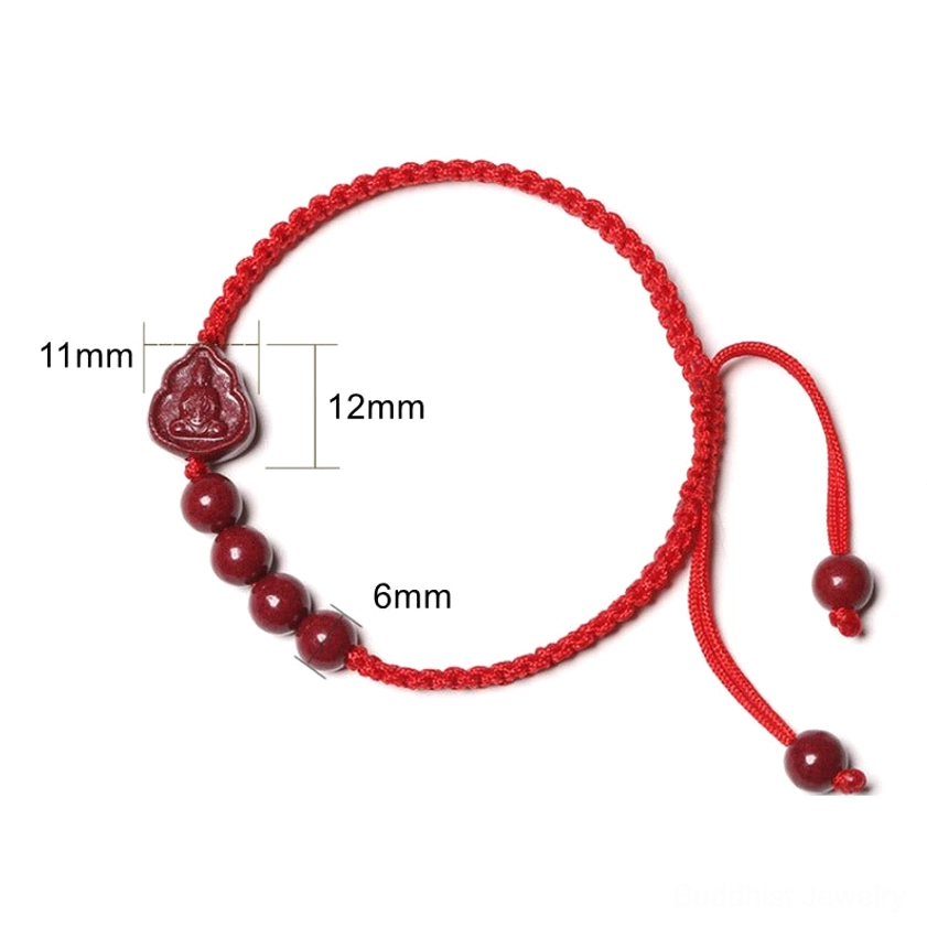 Buddha bracelet sizing guide showing 6mm cinnabar beads, 11mm Buddha pendant, 12mm charm dimensions with red cord