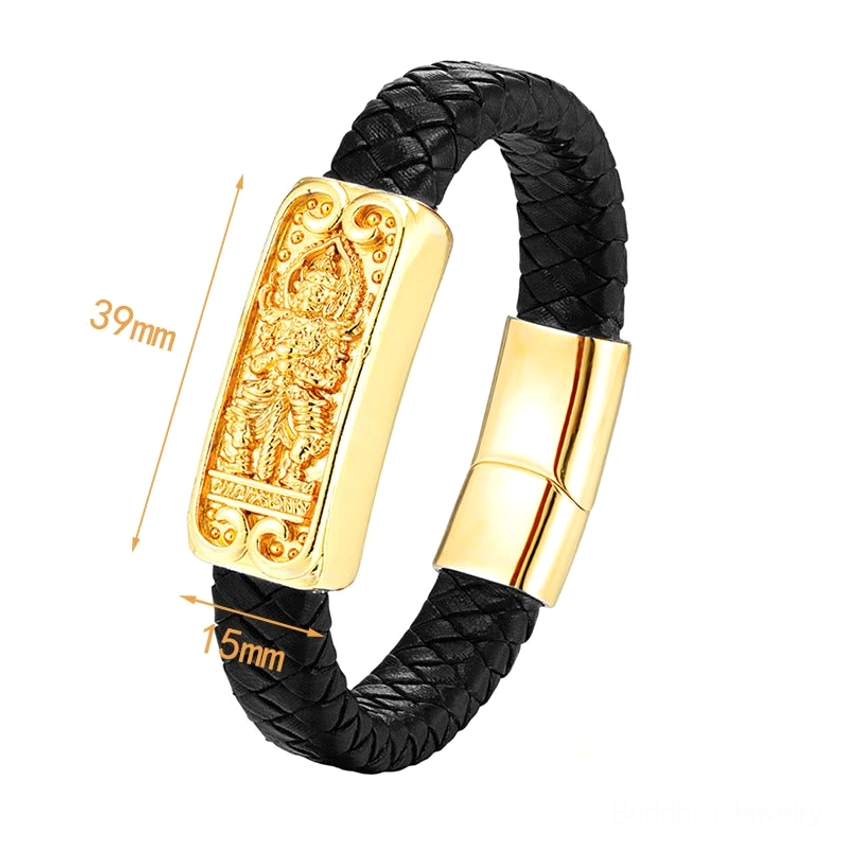 Buddha symbol leather titanium steel bracelet with size dimensions 15mm and 39mm measurements displayed
