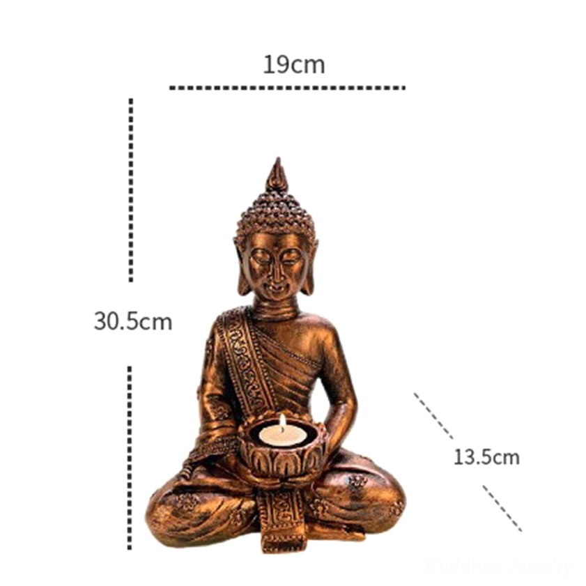 Buddha meditation candlestick holder size specifications - 30.5cm height, 19cm width, 13.5cm depth dimensions displayed on white background