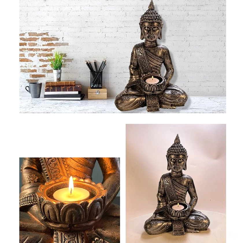Buddha candlestick holder multi-angle composite view showing product placement on shelf, candle tray close-up, and aged finish details