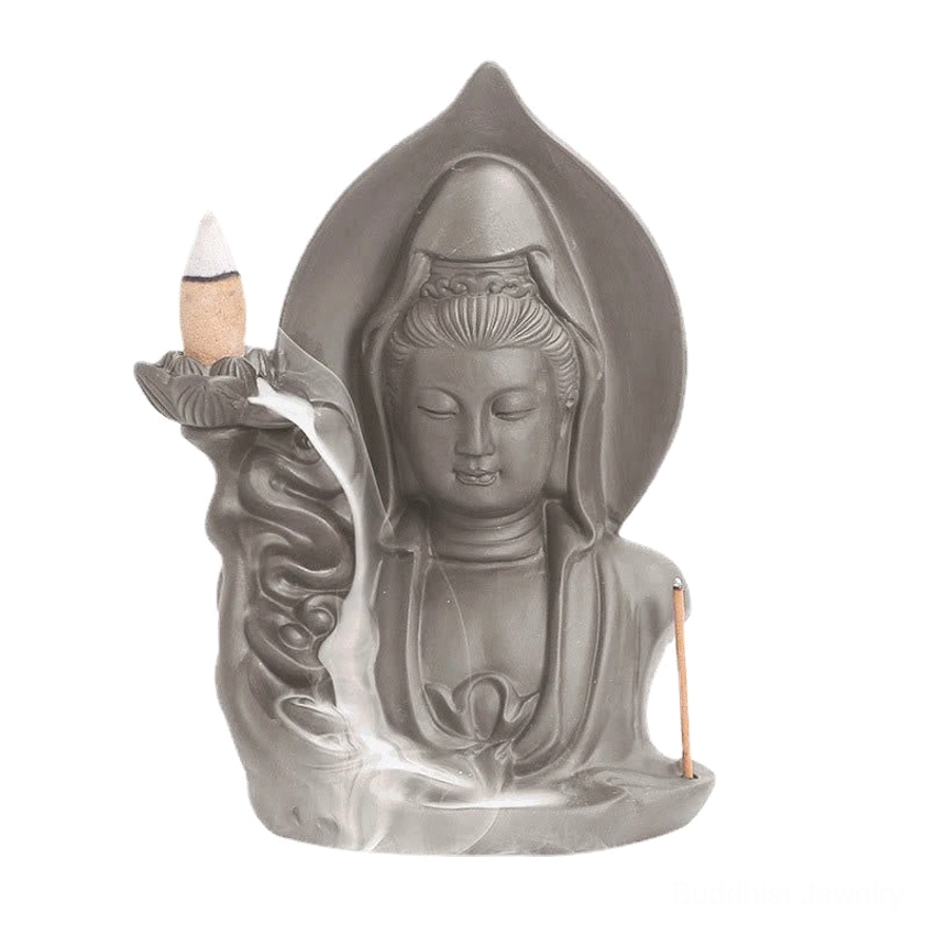 Avalokitesvara Buddha incense holder white background showing smooth gray ceramic and lotus design