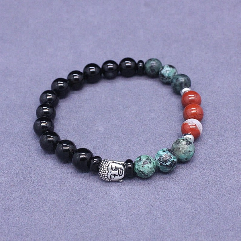Buddha head gemstone bracelet with multicolor healing stones for chakra balance