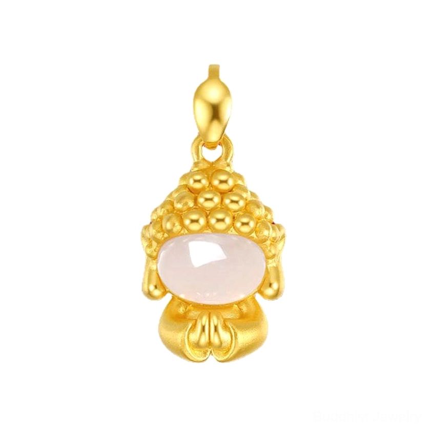 Single Buddha charm with pink jade inlay and detailed metal work - pendant detail shot