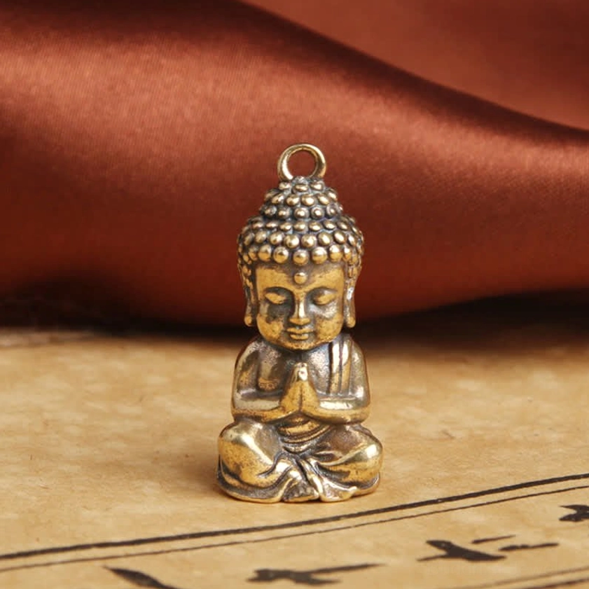 Buddha compassion copper keychain pendant handmade with praying hands in vintage bronze finish