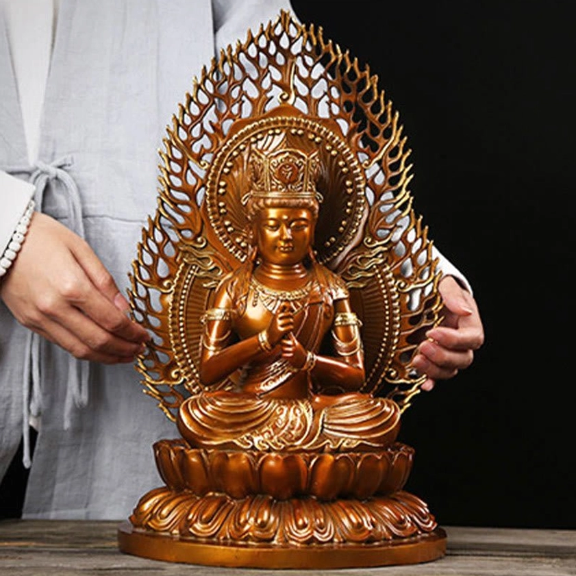 Handmade Buddha copper statue meditation room display setting showing full spiritual ambiance and home sanctuary decoration
