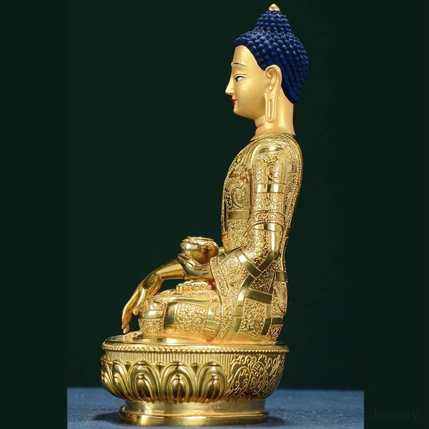 Buddha meditation statue right side profile with lotus pedestal and intricate robe details