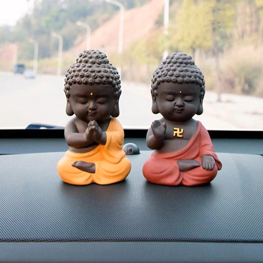 Handcrafted Buddha decorative statue in natural purple clay, compact size ideal for personal meditation altar or office desk