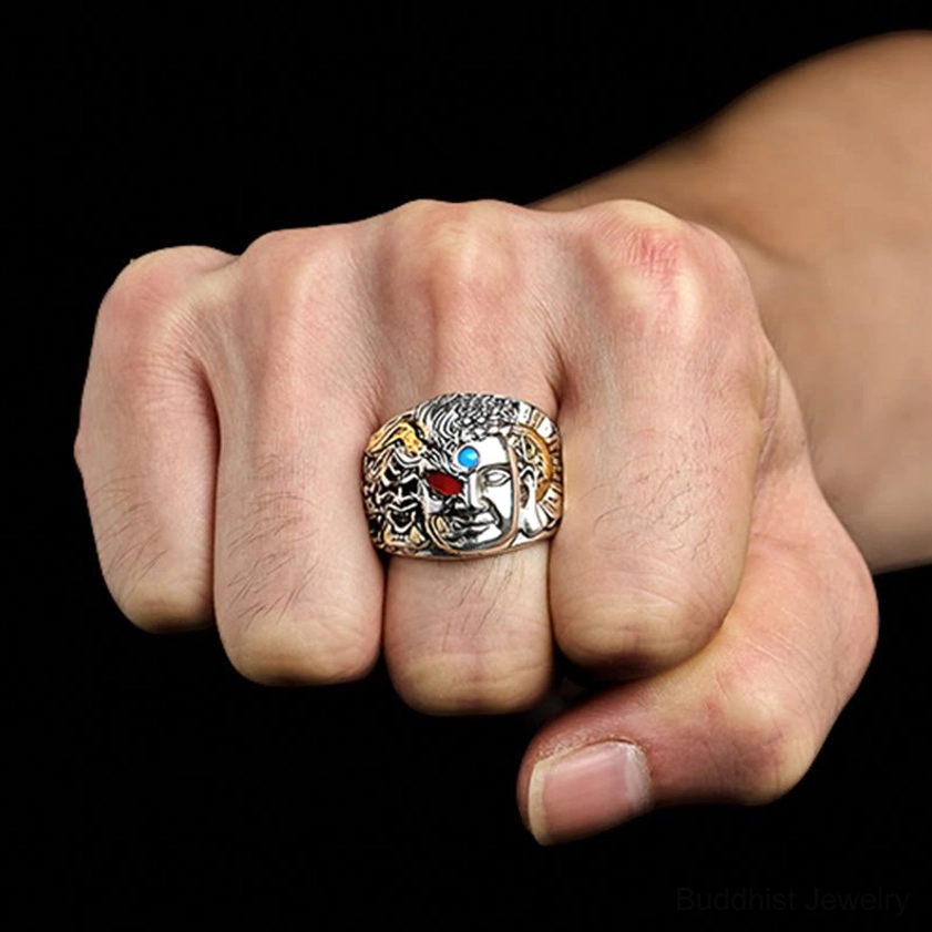 Buddhist demon ring worn on adult male finger, real-world wearing view showcasing 3D relief design and adjustable fit, spiritual jewelry in action