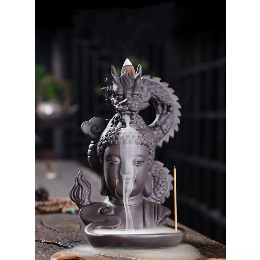 Buddha dragon backflow incense burner front view with smoke waterfall from Buddha's forehead