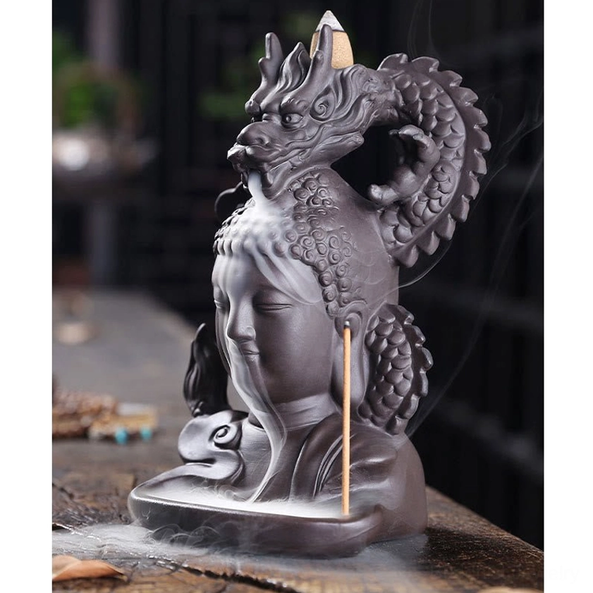 Buddha dragon backflow incense burner right side close-up showing intricate dragon carving detail