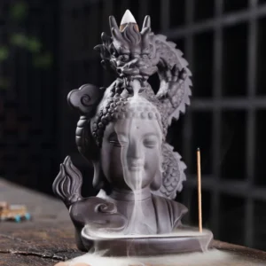 Buddha dragon backflow incense burner front view dark purple zisha clay with mesmerizing smoke effect