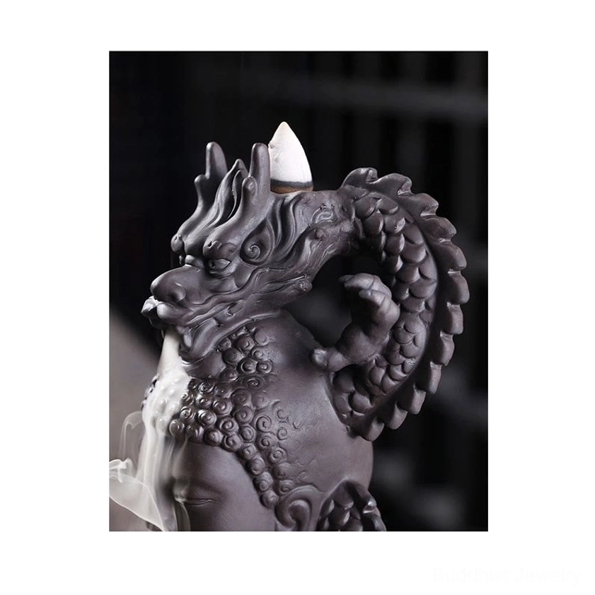 Handcrafted Buddha dragon backflow incense burner with included incense cones and natural clay