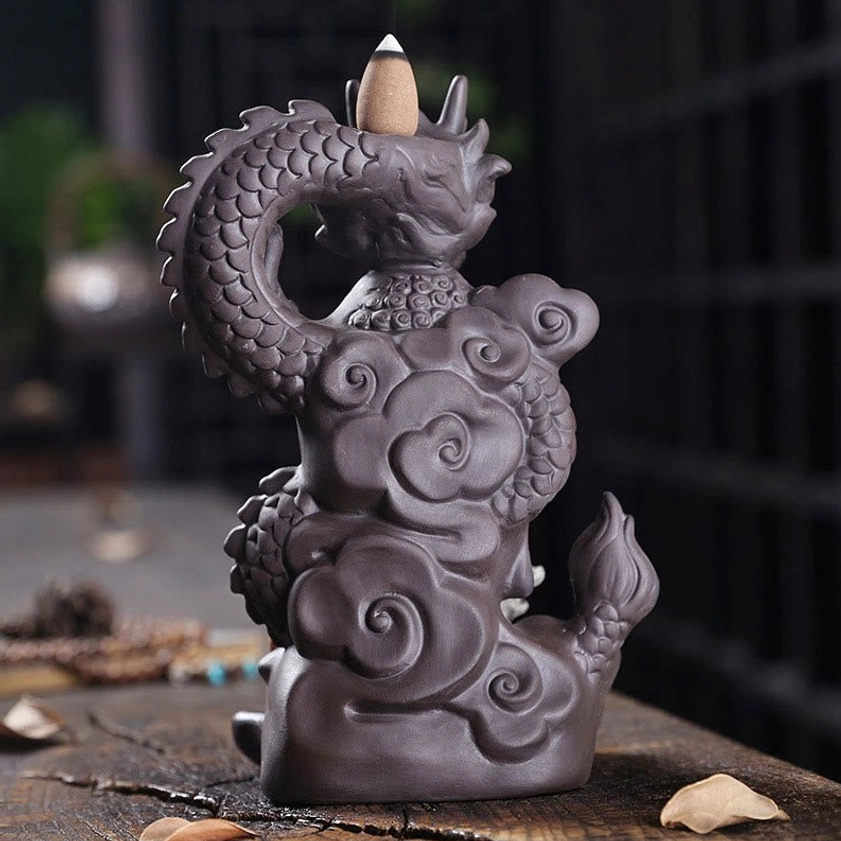 Buddha dragon incense burner back view featuring auspicious cloud pattern carvings