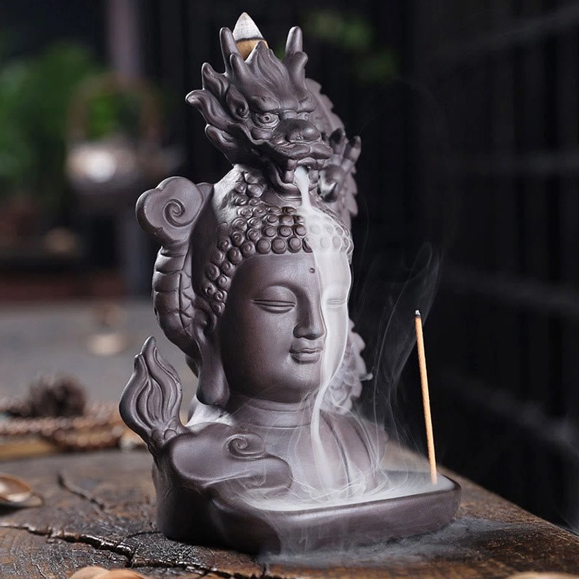 Buddha dragon backflow incense burner three-quarter view showing detailed dragon carving and smoke flow