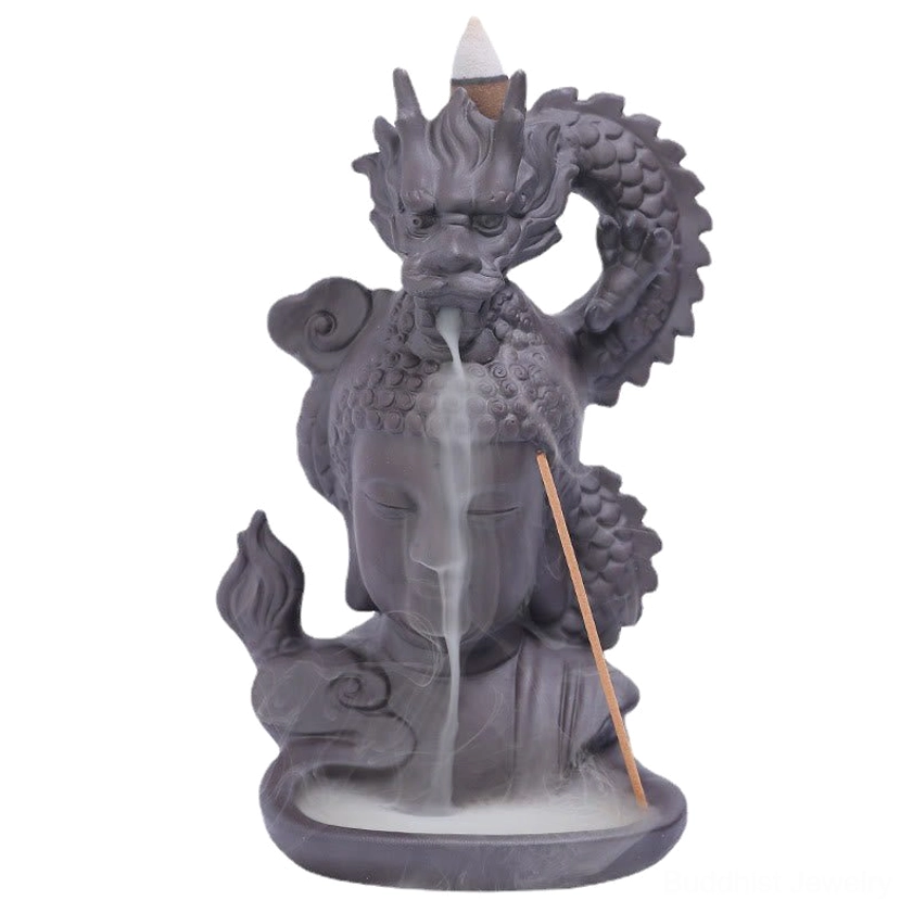 Buddha dragon backflow incense burner studio frontal view on white background with incense cone