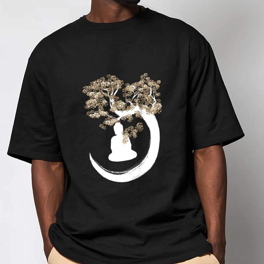 Buddhist spiritual t-shirt featuring Buddha enlightenment design under Bodhi tree with crescent moon symbol