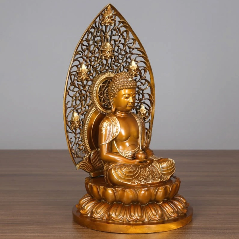 Buddha figurine full profile view - Side angle showing ornate carved backrest and complete statue proportions
