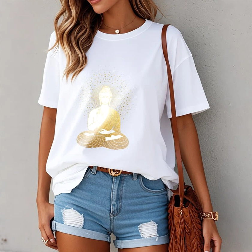 Meditation Buddha golden aura spiritual t-shirt product detail shot Buddhist enlightenment graphic