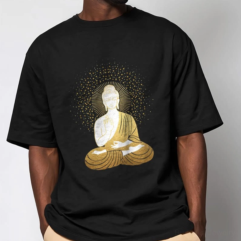 Male model close-up wearing black meditation Buddha golden aura graphic t-shirt detailed artwork