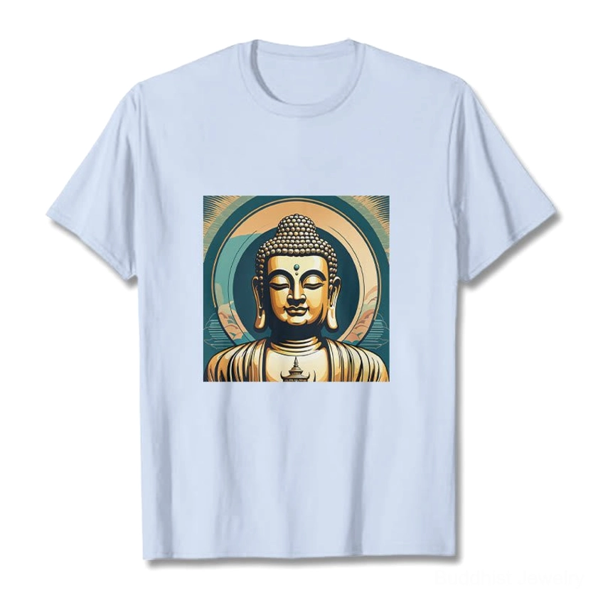 Golden Buddha mindfulness t-shirt light cyan cotton casual wear