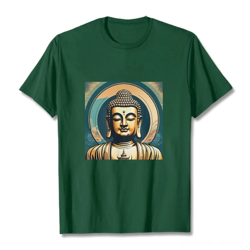 Golden Buddha mindfulness graphic t-shirt light cyan flat lay front