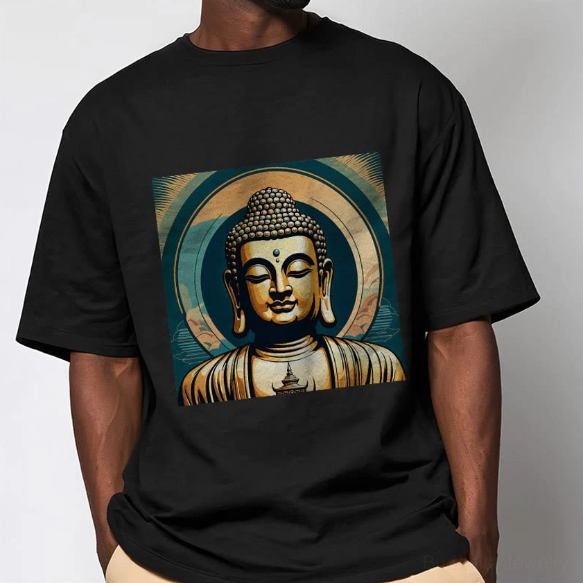 Golden Buddha spiritual t-shirt male model wearing light grey casual tee