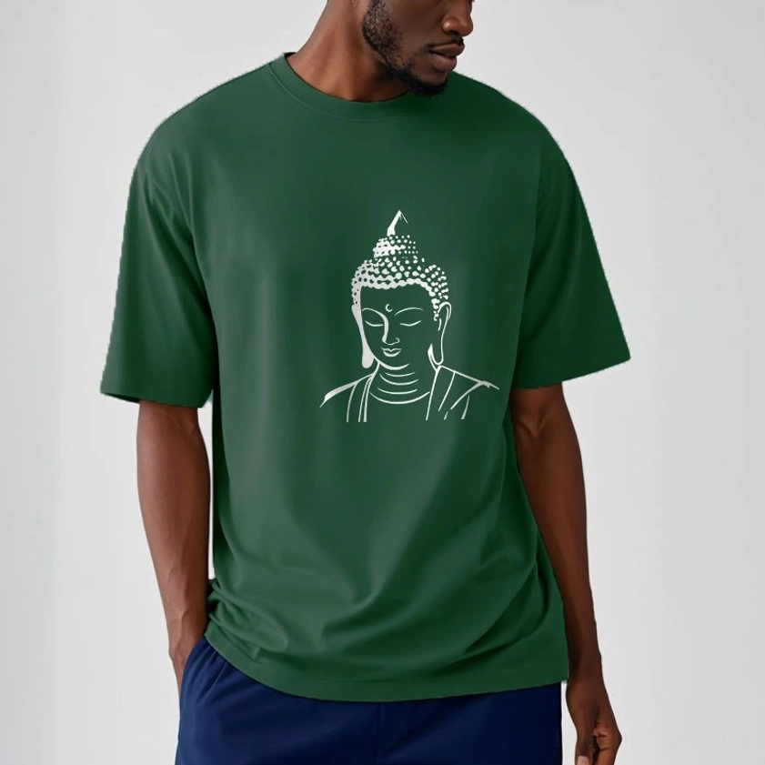 Mindfulness cotton t-shirt on male model dark green casual wear side view