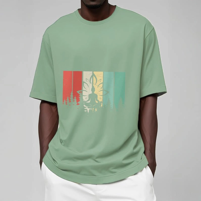 Model wearing Buddhist meditation t-shirt in neutral setting demonstrating comfortable everyday wearability