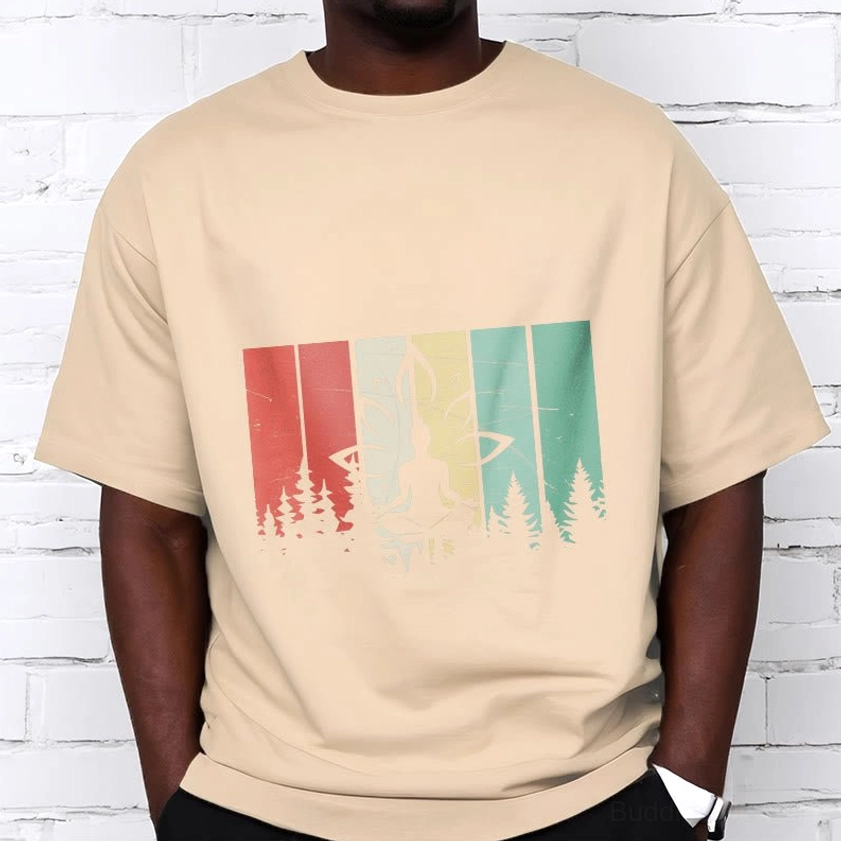 Close-up detail of Buddha lotus meditation graphic print on cotton t-shirt showing white ink film print quality
