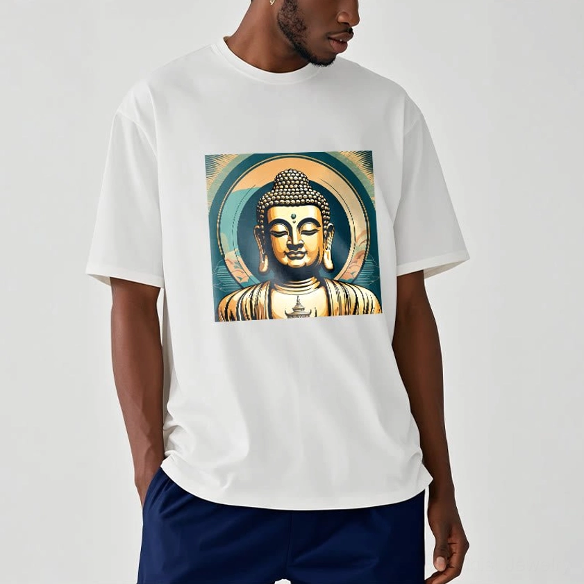 Buddhist meditation t-shirt male model white casual tee studio setting