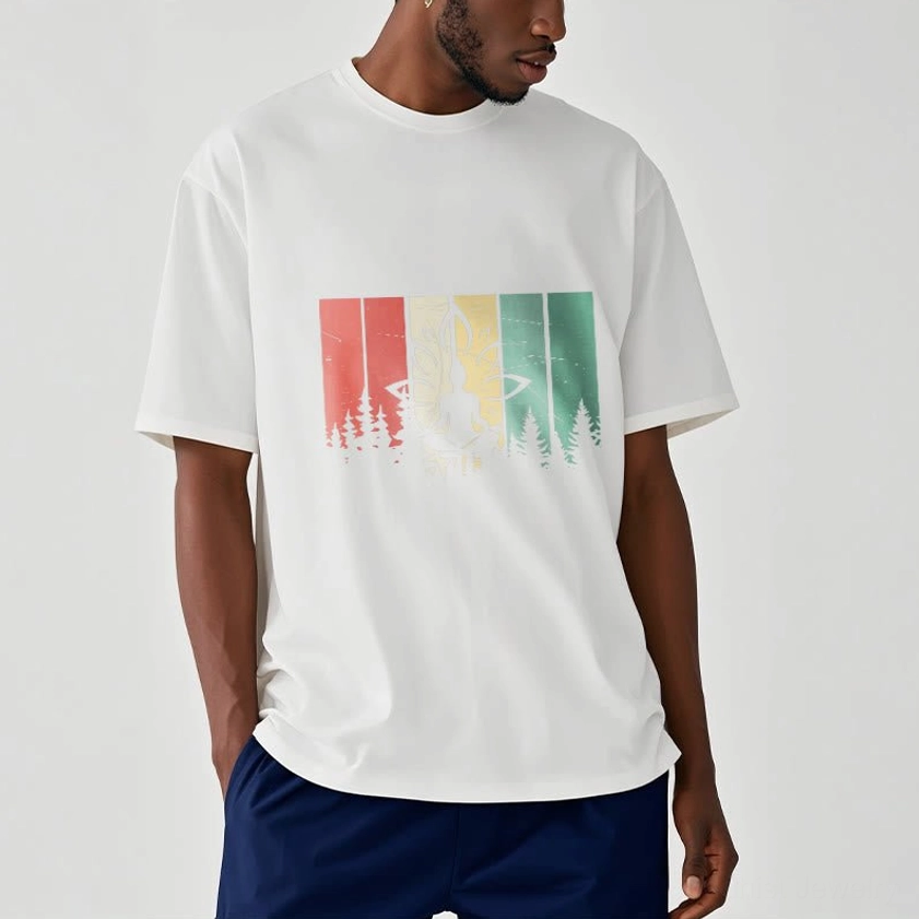 Male model wearing white spiritual Buddha graphic t-shirt with colorful stripe design and professional casual styling