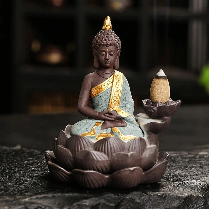 Green Buddha backflow incense burner with prayer blessing hands in spiritual devotion pose
