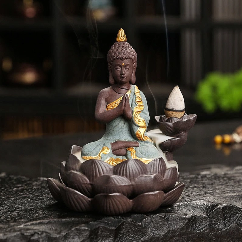 Green Buddha backflow incense burner with meditation mudra pose hand-glazed ceramic masterpiece