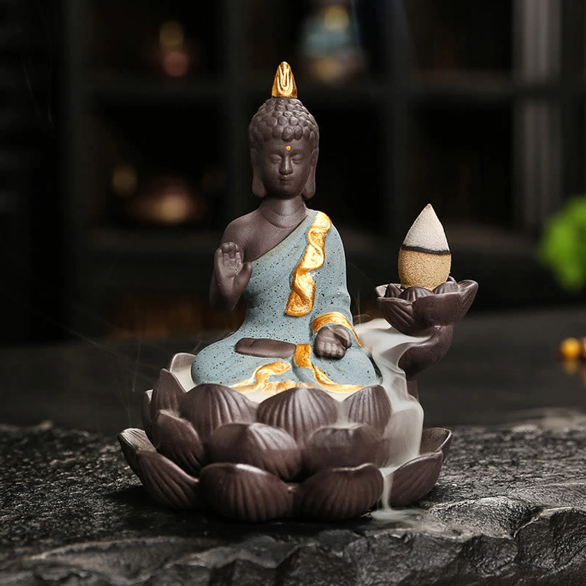 Green Buddha ceramic incense burner with prayer blessing mudra for spiritual gratitude and devotion