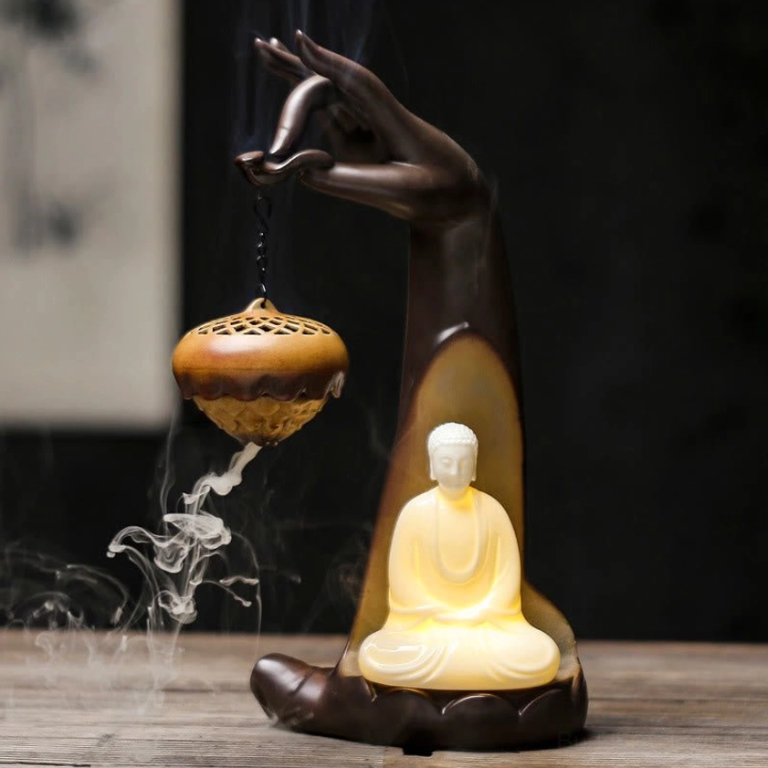 Buddha Hand Backflow Incense Fountain - Creamy White Ceramic with Cascading Smoke Flow, Close-up Detail View