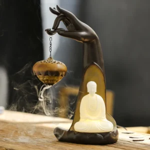 Buddha Hand Backflow Incense Burner with LED Light - Premium Ceramic Meditation Fountain, Front View with Illuminated Buddha Sculpture
