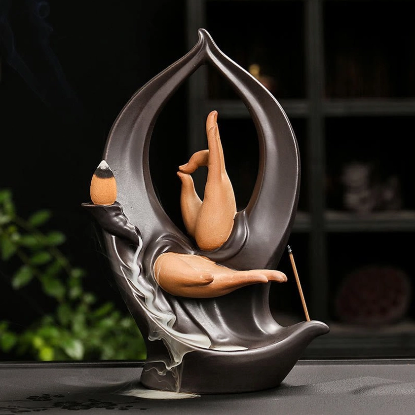 Buddha Hand ceramic backflow incense burner with praying mudra hands design in two-tone tan and dark brown ceramic finish