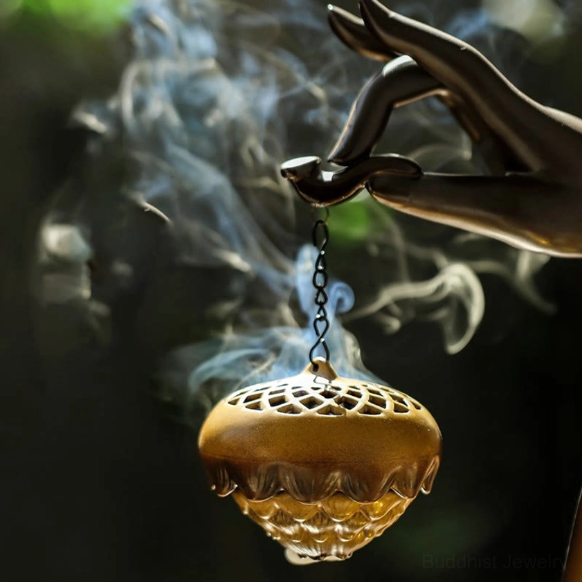 Hanging Bronze Incense Censer with Carved Hollow Design - Close-up Detail of Backflow Smoke Effect Around Ornate Holder