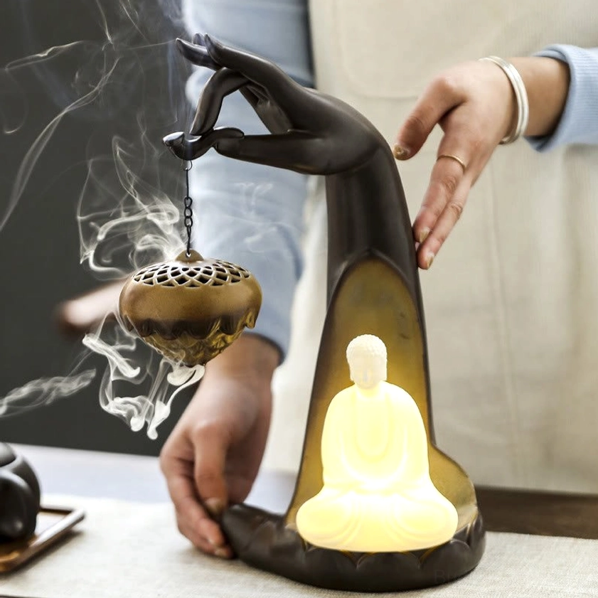 Buddha Hand Incense Burner Side Angle - Hands Adjusting Bronze Censer, LED Illuminated Ceramic Sculpture