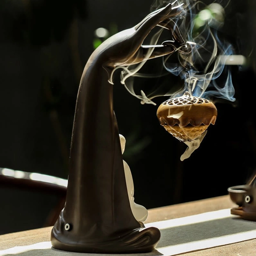 Buddha Hand Backflow Incense Burner - Complete Product Shot with LED Lighting and Ceramic Details, Spiritual Meditation Tool