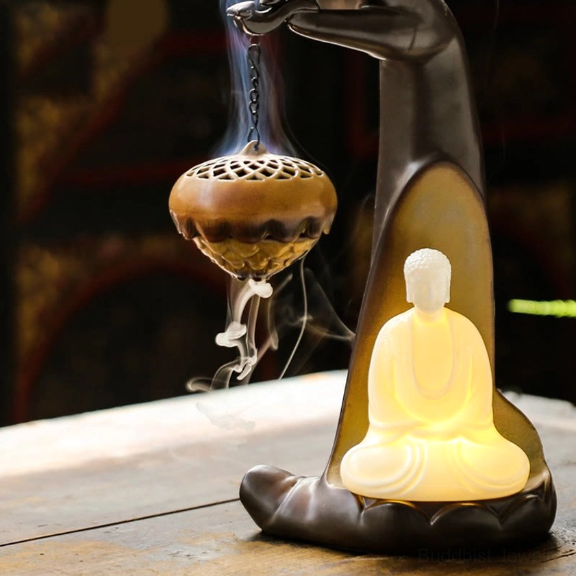 Buddha Hand Backflow Incense Burner with Floating Smoke - Premium Ceramic Meditation Tool with LED Illumination