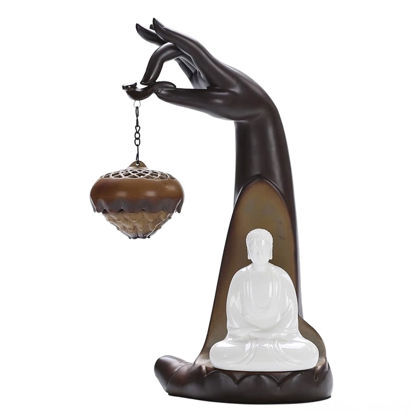 Buddha Hand Backflow Incense Burner - Premium Handcrafted Ceramic with Bronze Censer, Spiritual Decoration and Meditation Tool