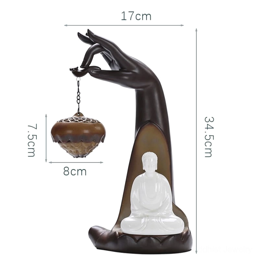 Buddha Hand Ceramic Incense Burner - LED Light Feature Demonstration with Smoke Fountain Effect, Ambiance Setting