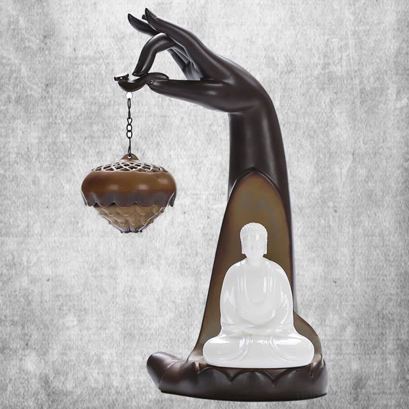 Buddha Hand Incense Holder Packaged - Handcrafted Ceramic Meditation Burner with LED Light, Ready for Spiritual Practice